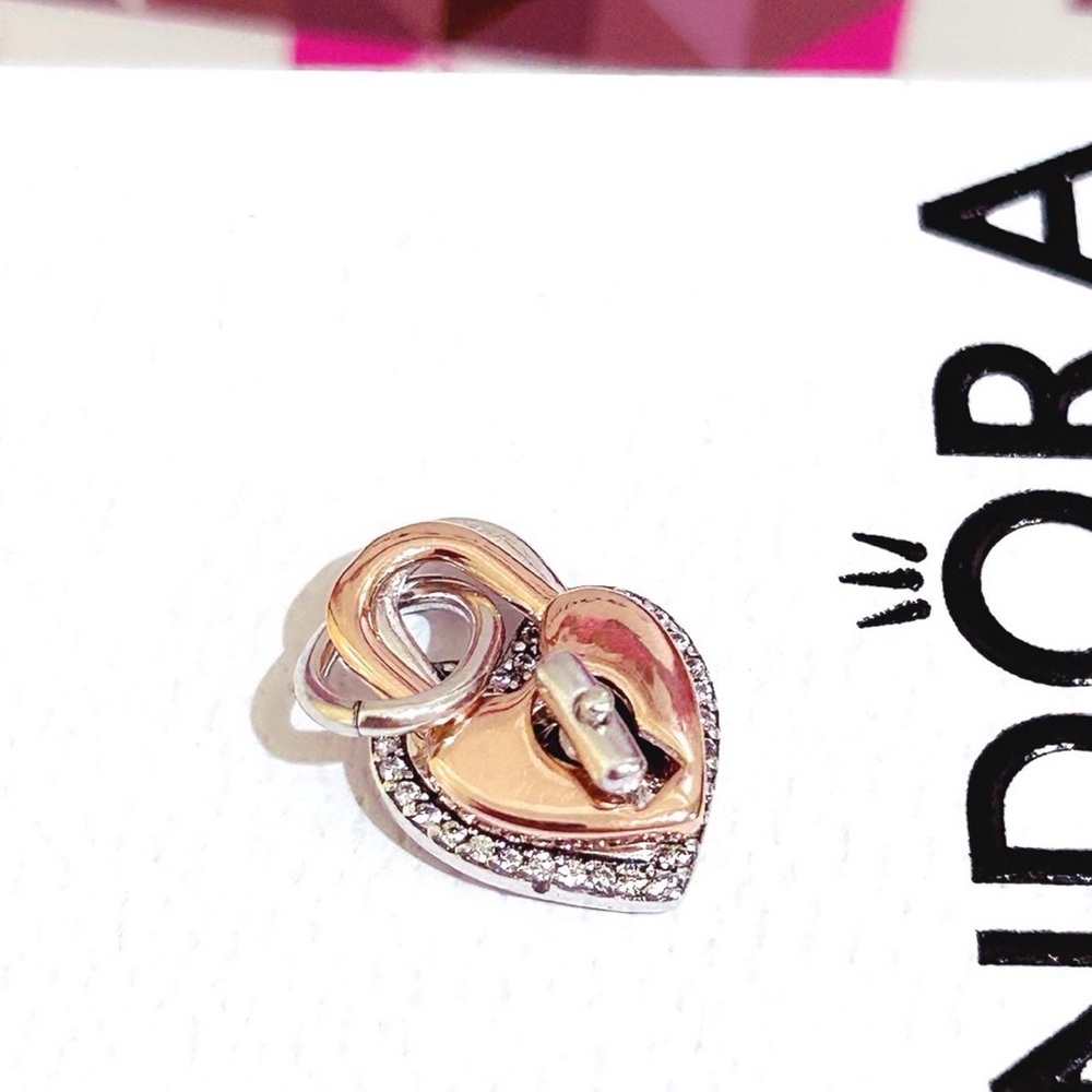Pandora Silver Snake Chain Bracelet with Rose Gold & Silver Heart Padlock Charm - Picture 9 of 10